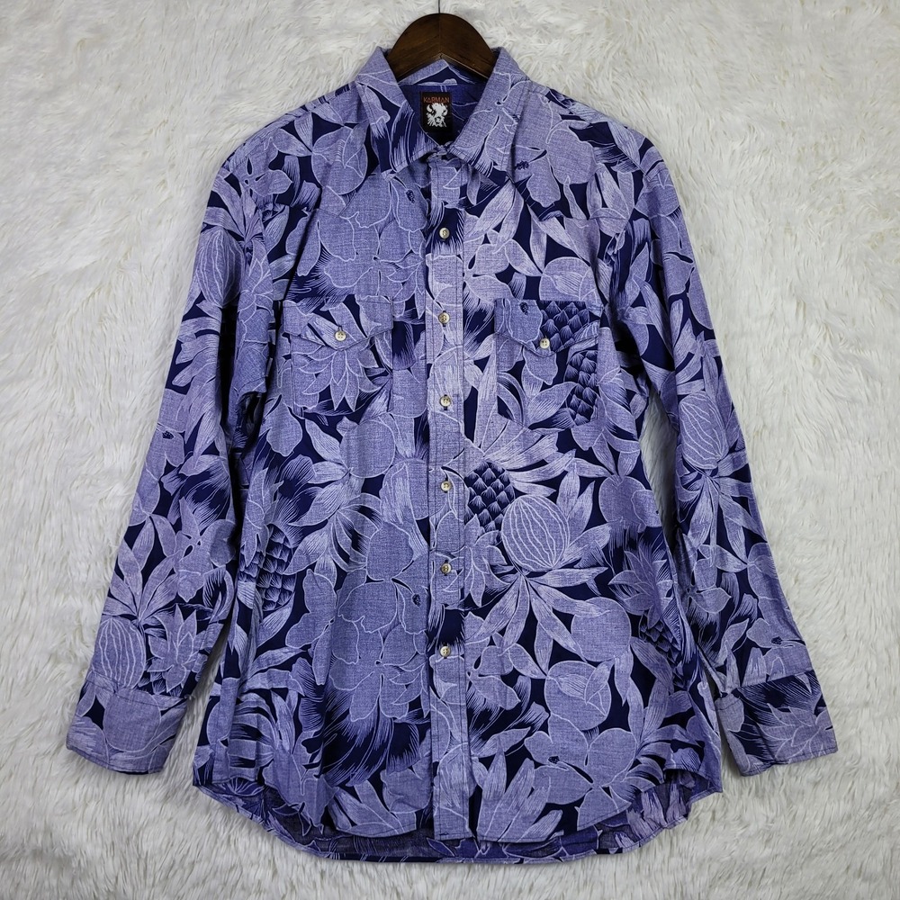 Karman Mens Western Shirt Long Sleeve Purple Tropical Floral Pineapple Print L